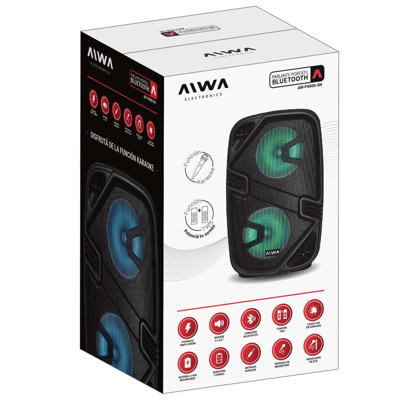 Imagen Parlante Portátil Aiwa Aw-p450d-sn 15w Rms 2x6,5" Bluetooth