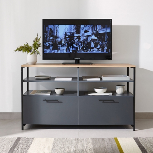 Rack De Tv Silcar 140x80x39 Caño Negro Mela Olmo Grafito